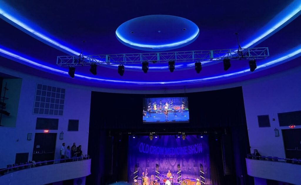 Inside the Chevalier during a concert, with new LEDs lighting the theatre in a blue glow.