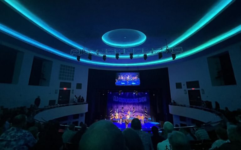 Inside the Chevalier during a concert, with new LEDs lighting the theatre in a teal glow.