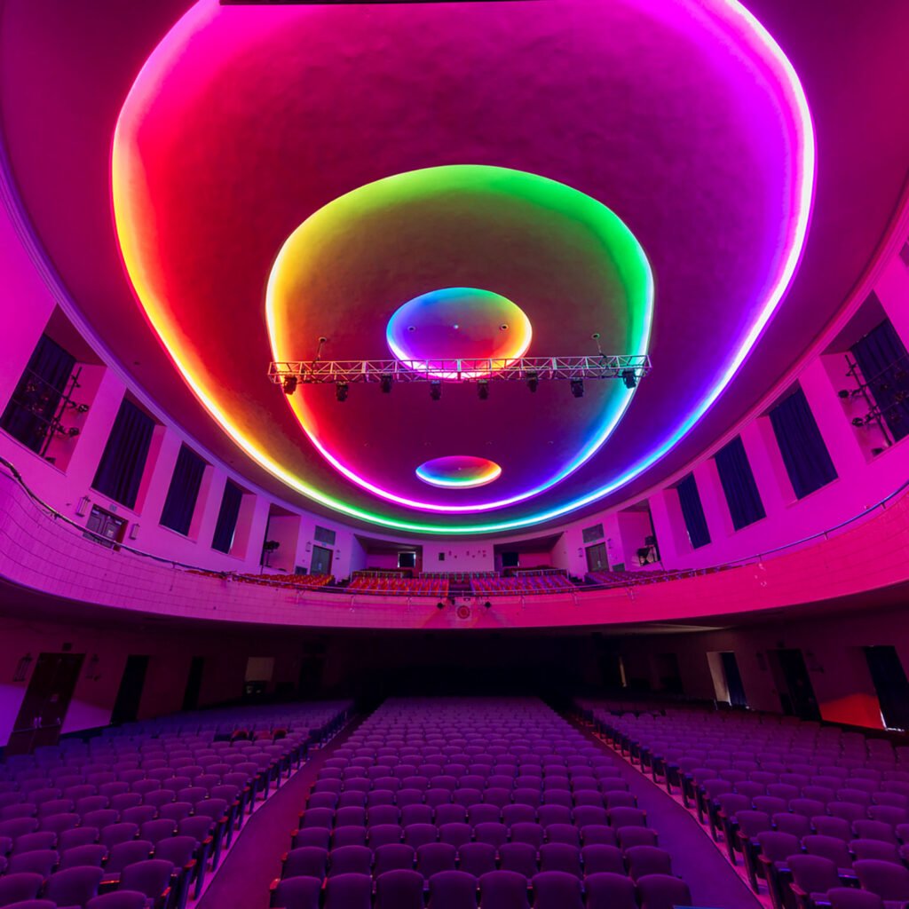 Inside the Chevalier, with new LED lighting running along the ceilings on a rainbow setting.